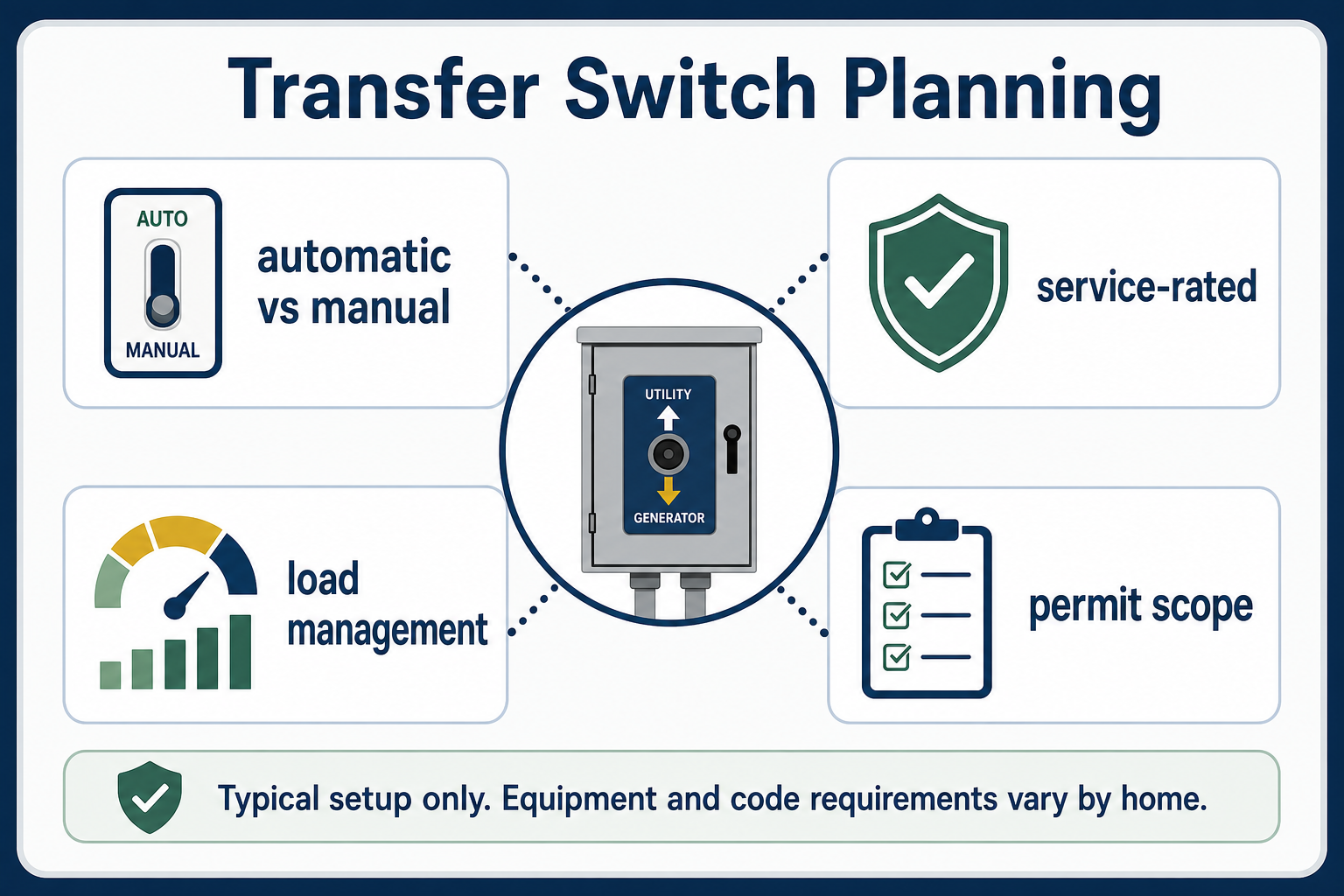 Transfer switch planning infographic showing automatic versus manual, service-rated equipment, load management, and permit scope decisions.